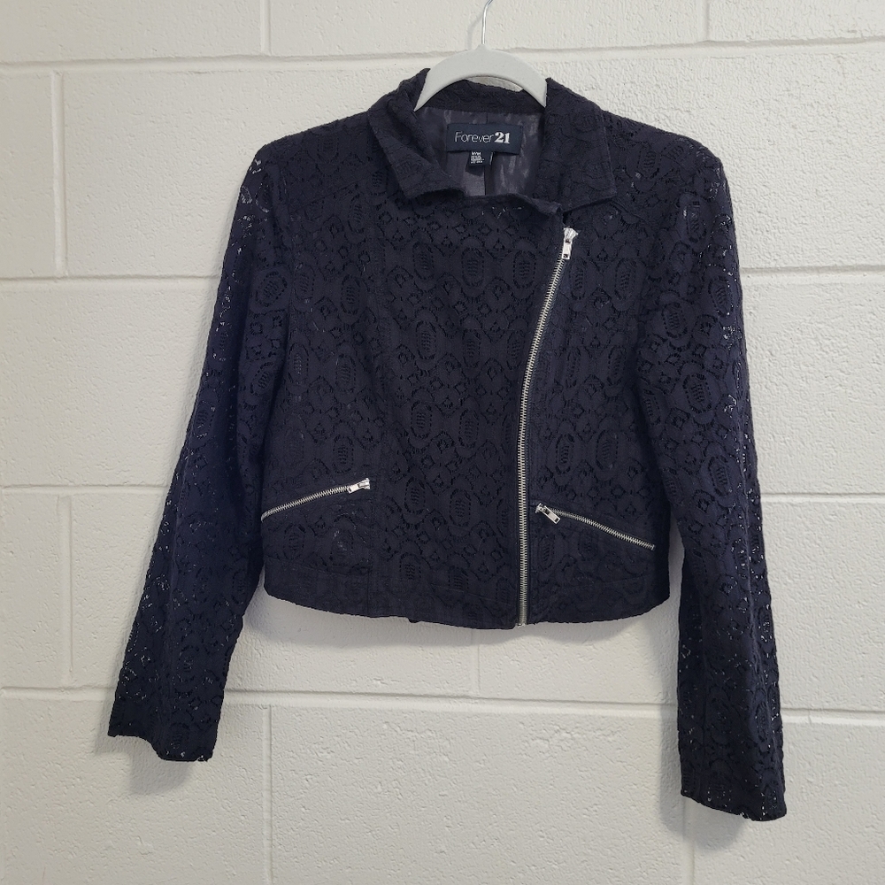 💙 Forever 21 asymmetrical black lace zip blazer jacket cardigan cover up